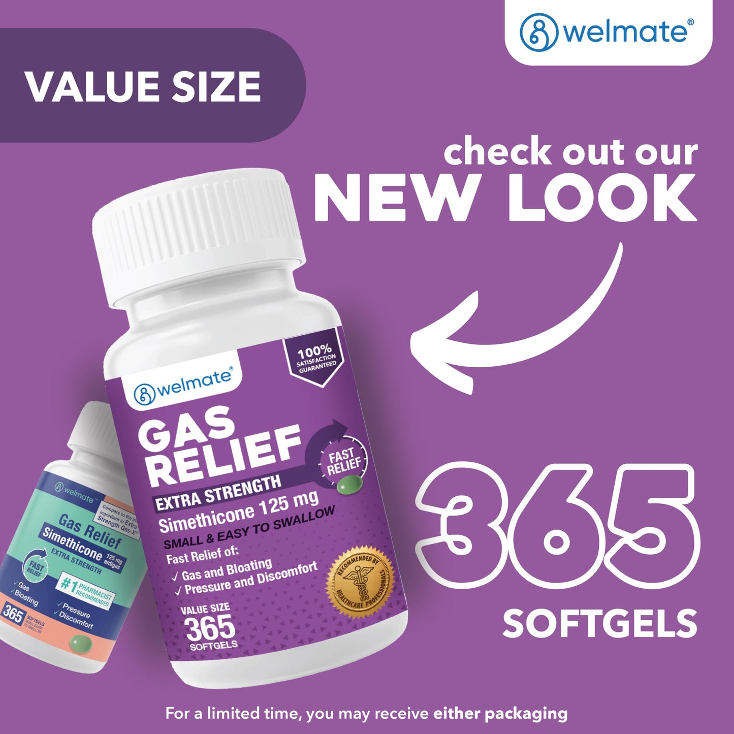 Welmate Simethicone 125mg bottle showing drug facts and ingredients list for authentic imported antigas capsules