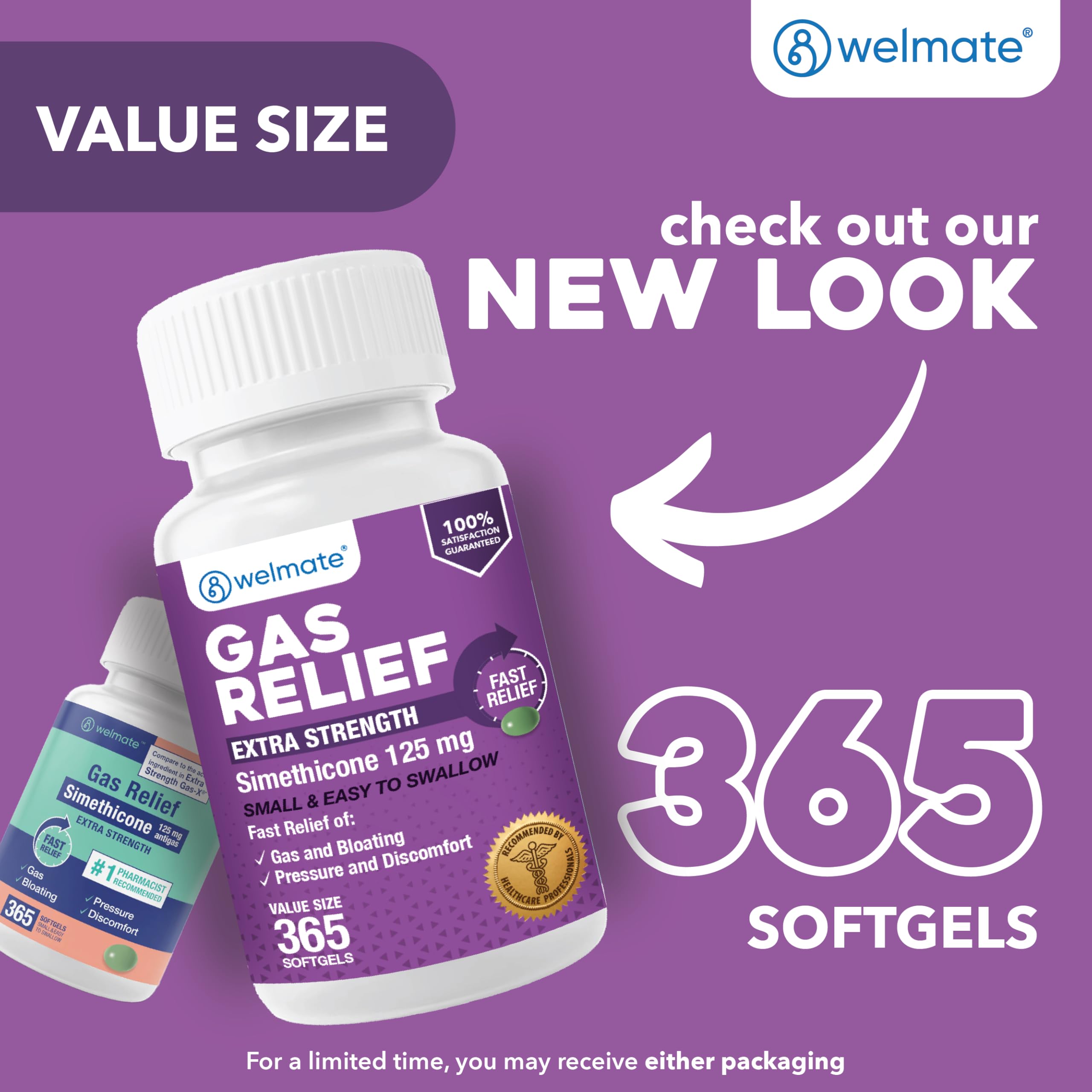 Welmate Simethicone 125mg bottle showing drug facts and ingredients list for authentic imported antigas capsules