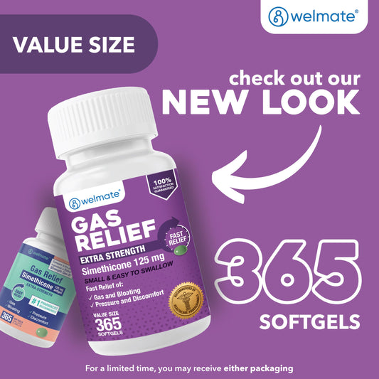 Welmate Simethicone 125mg bottle showing drug facts and ingredients list for authentic imported antigas capsules