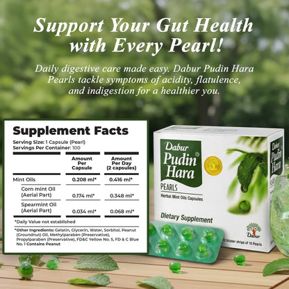 Dabur Pudin Hara Pearls full packaging contents for bloating and acidity relief