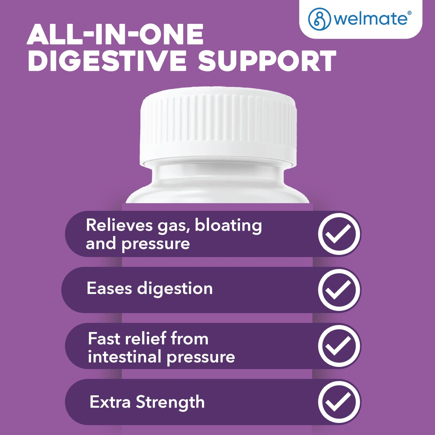 Welmate stomach support supplement bottle placed upright displaying original United States import labels