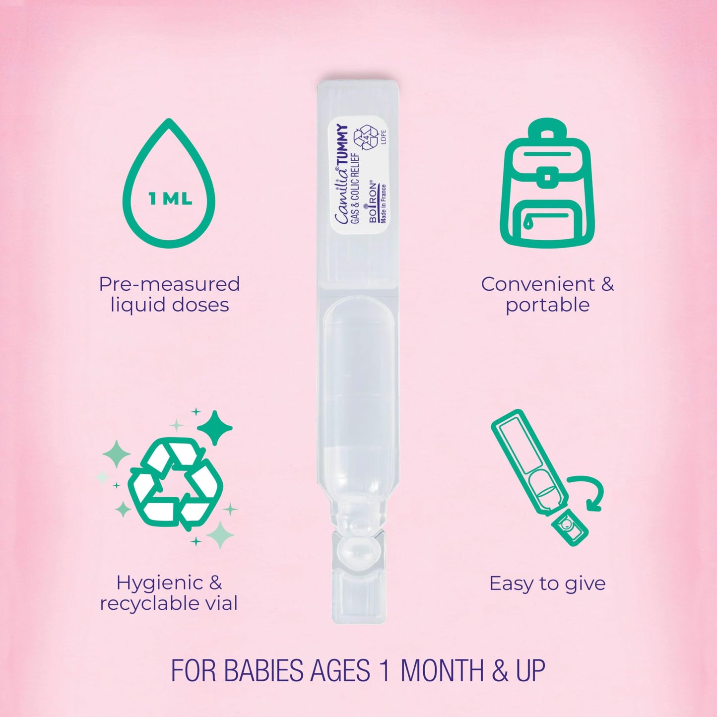 Sterile single use liquid vials of Boiron Camilia infant tummy drops