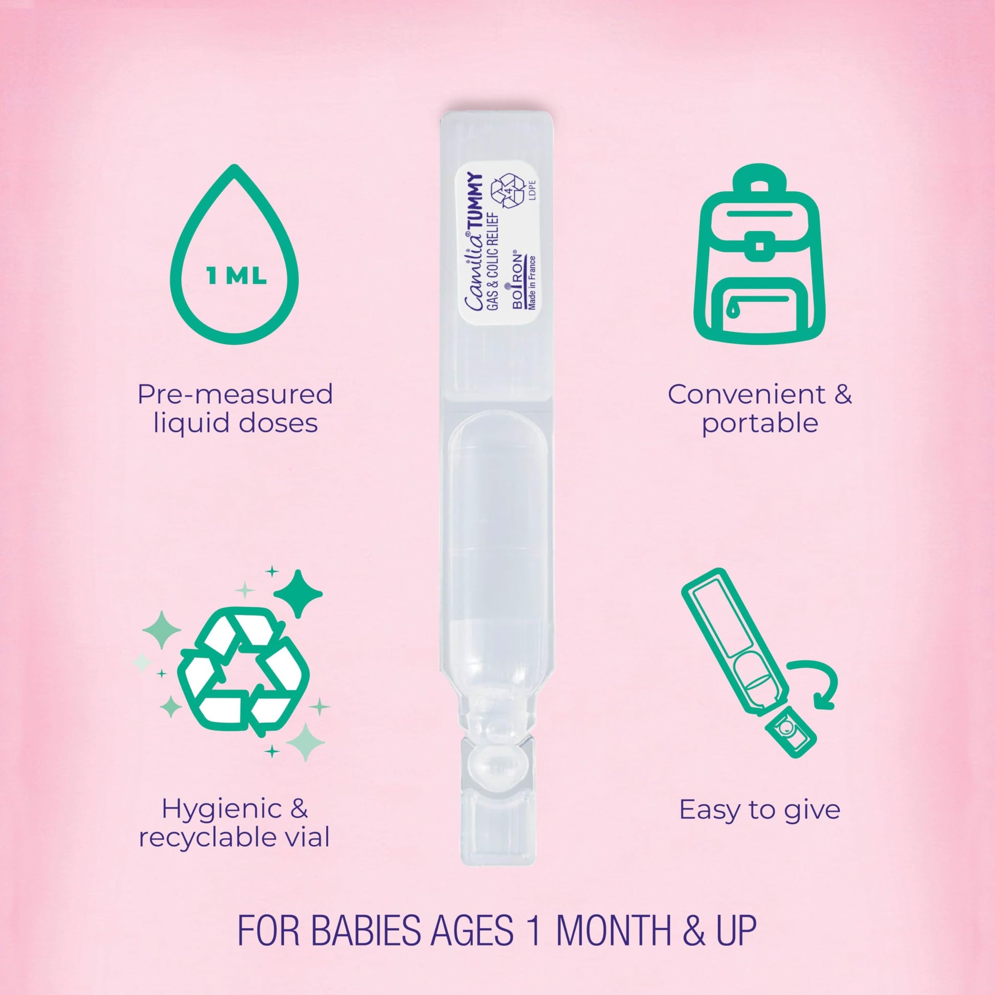 Sterile single use liquid vials of Boiron Camilia infant tummy drops