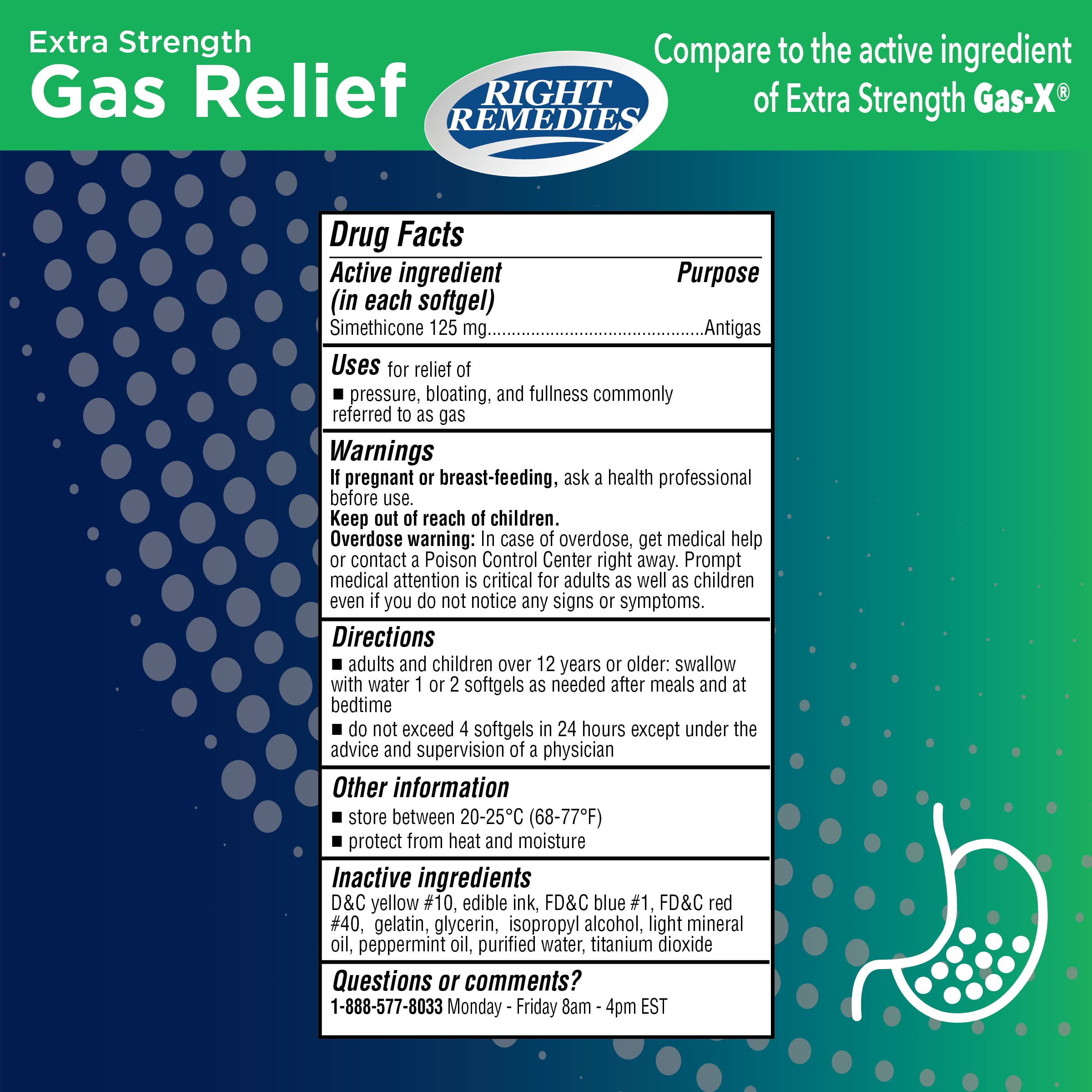 Right Remedies simethicone 125mg liquid capsules container showing drug facts label details