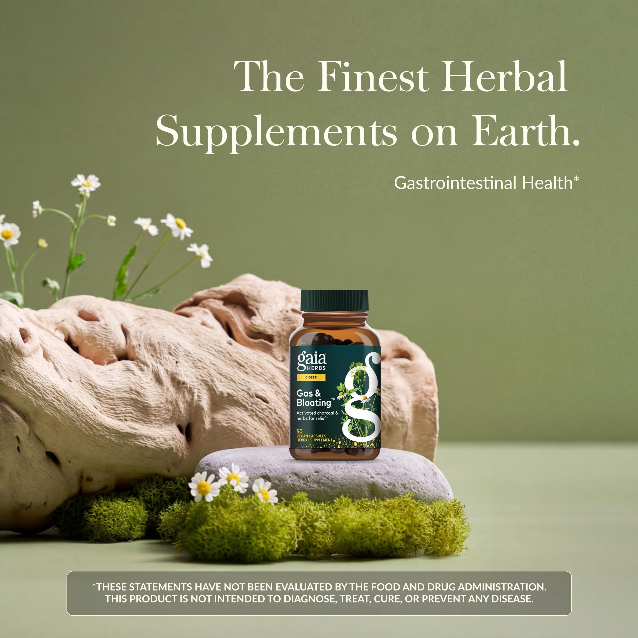 Gaia Herbs Gas And Bloating supplement facts label showing activated charcoal and fennel ingredients.