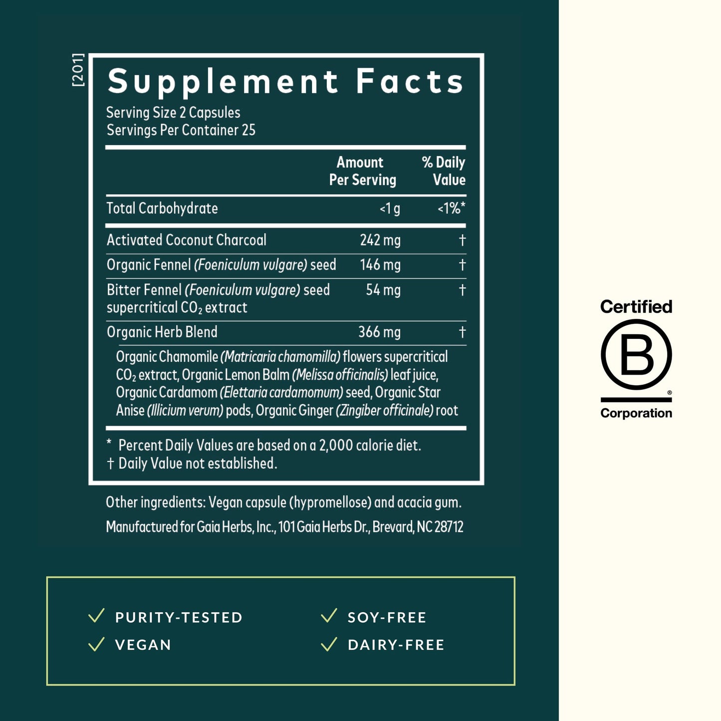 Side view of Gaia Herbs Gas And Bloating 50 vegan capsules bottle with purity testing details.