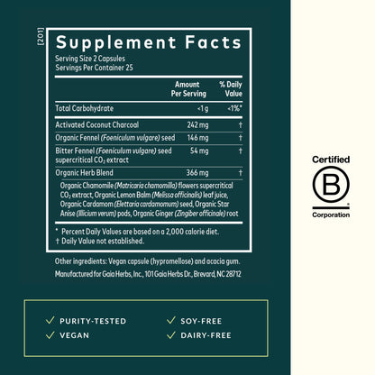 Side view of Gaia Herbs Gas And Bloating 50 vegan capsules bottle with purity testing details.