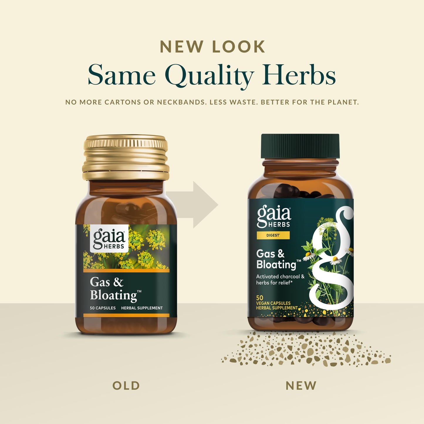 Authentic USA imported Gaia Herbs gas and bloat relief capsules on plain background.