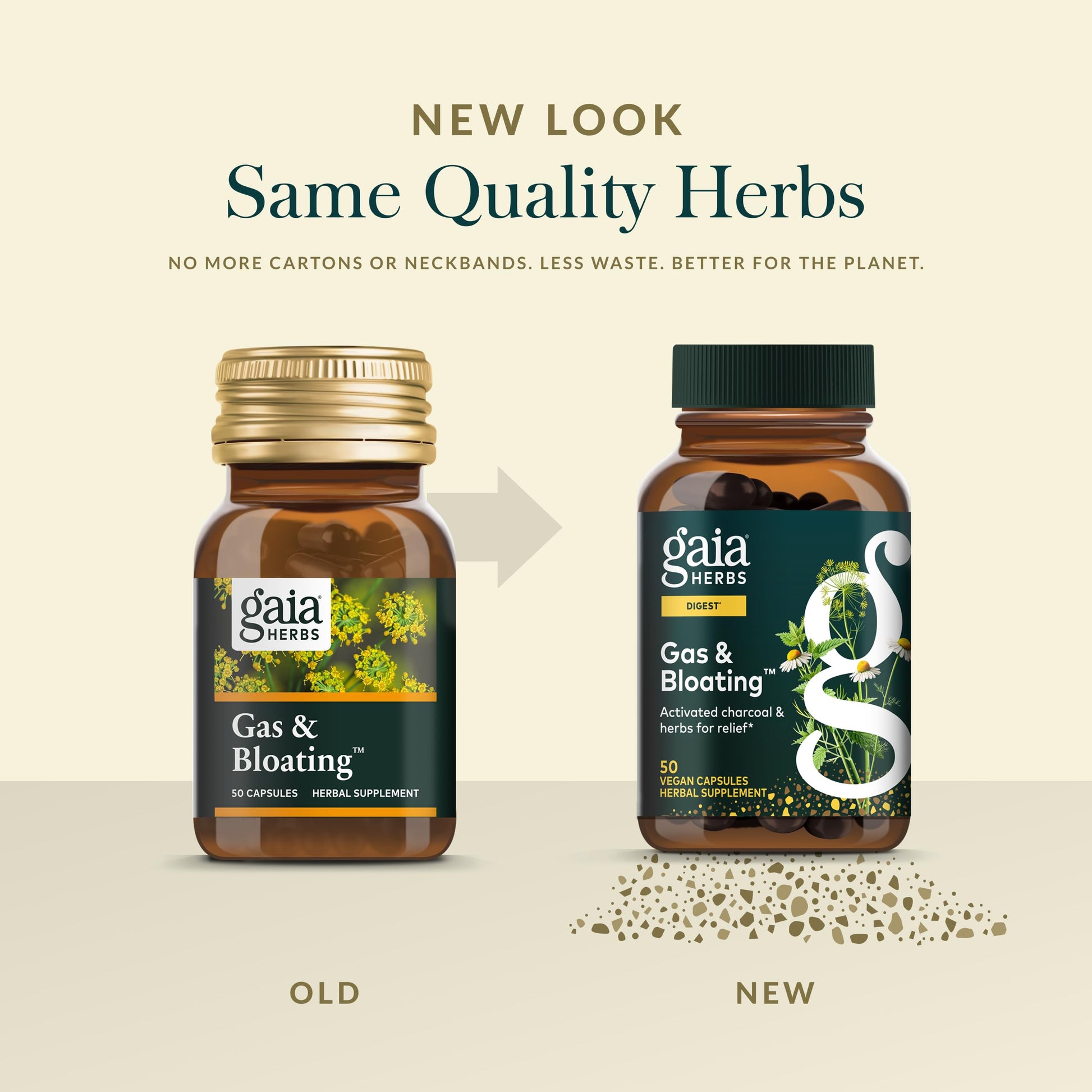 Authentic USA imported Gaia Herbs gas and bloat relief capsules on plain background.