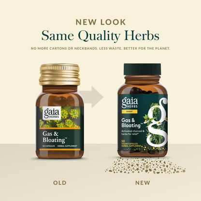 Authentic USA imported Gaia Herbs gas and bloat relief capsules on plain background.