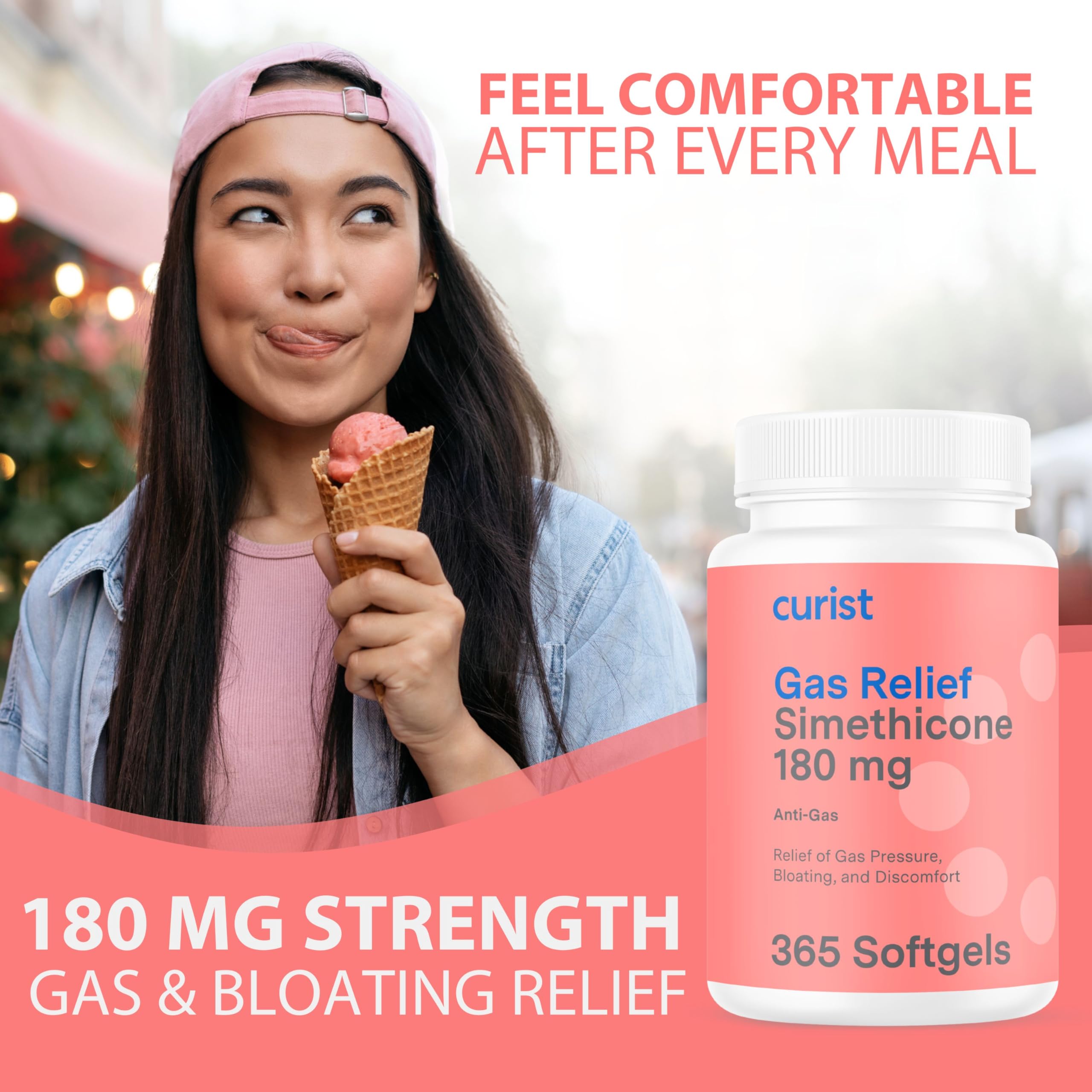 Curist anti flatulence liquid capsules packaging displaying three hundred sixty five count label