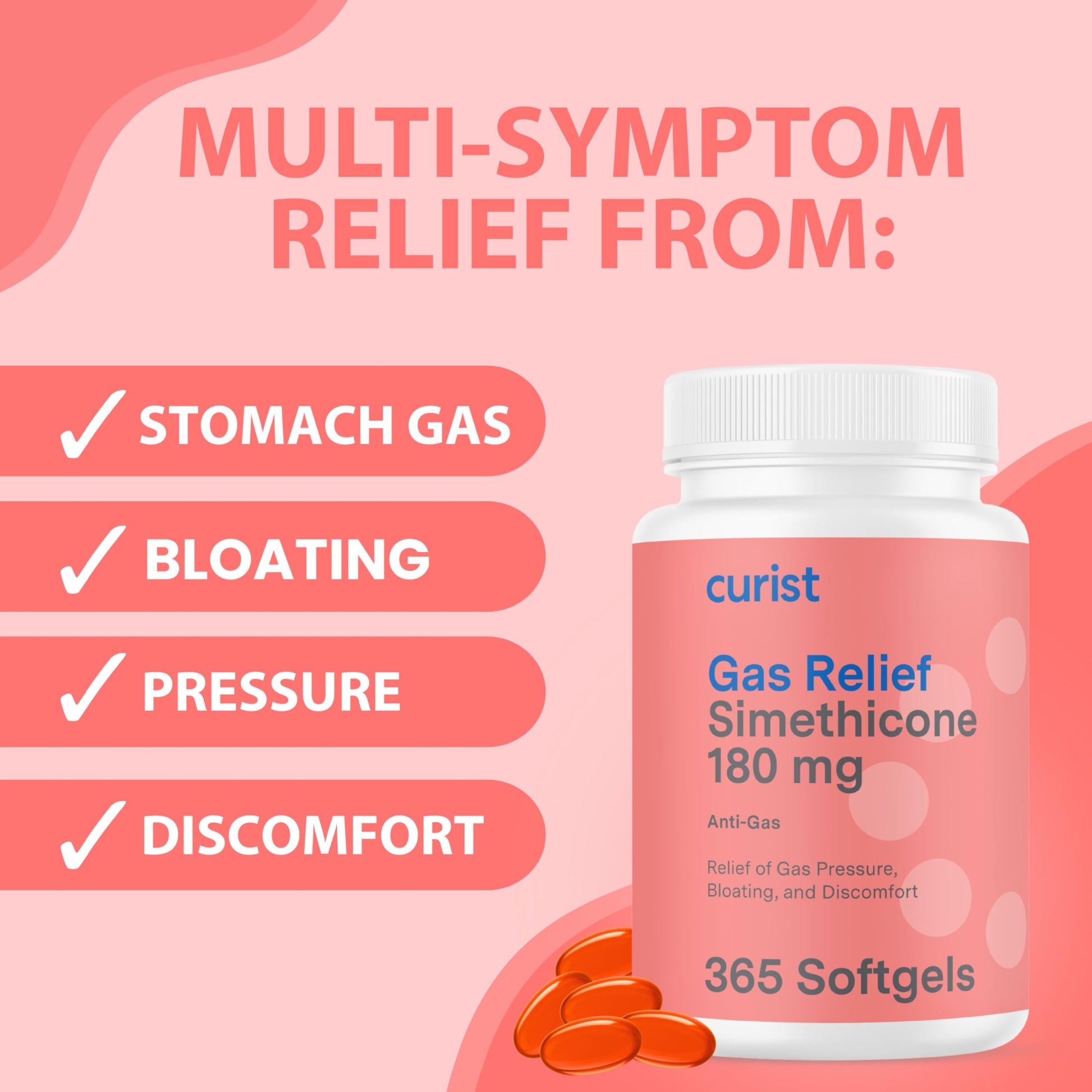 Back label of Curist bloating relief softgels detailing drug facts and simethicone ingredients
