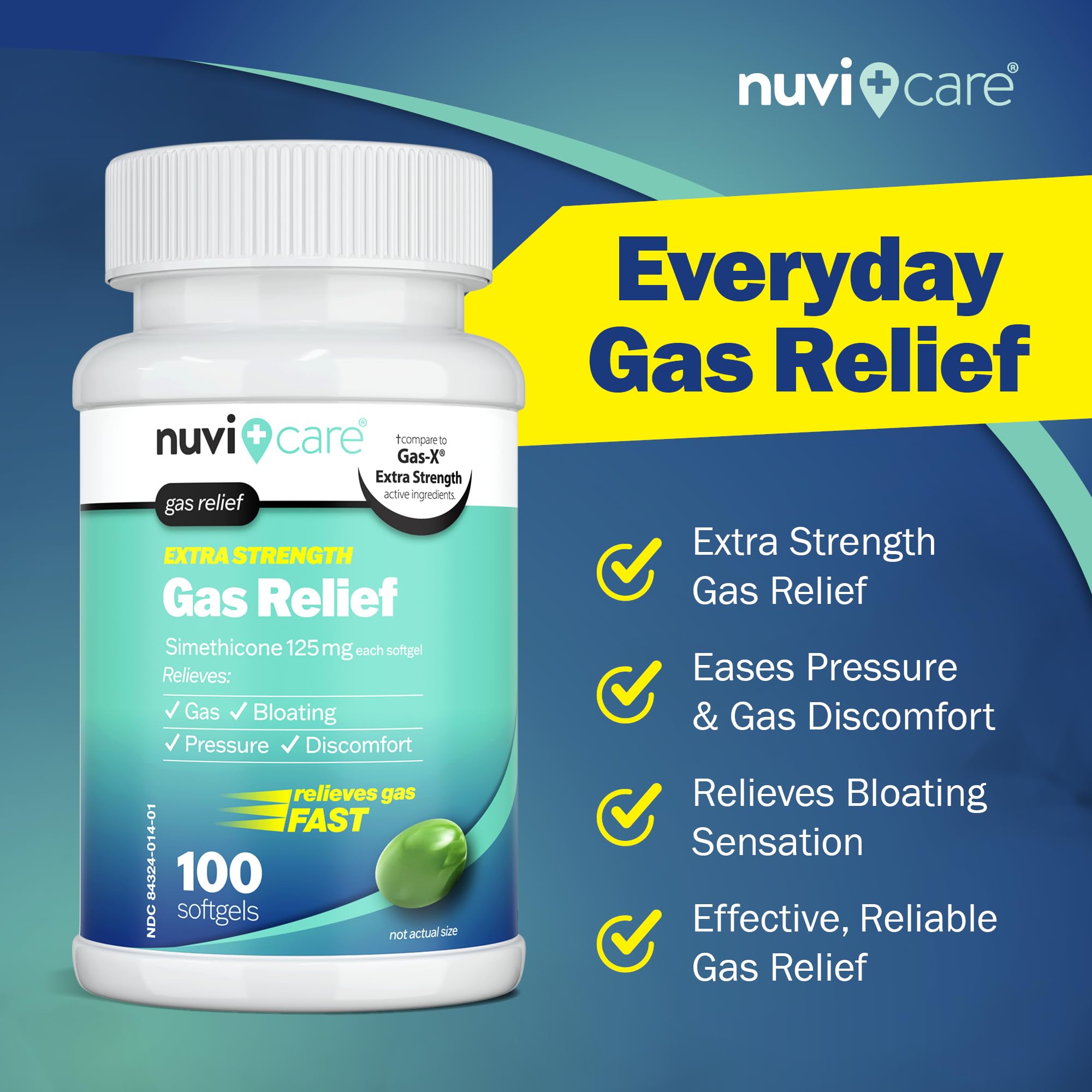 NUVICARE Simethicone 125mg softgels for fast bloating relief supplement packaging.