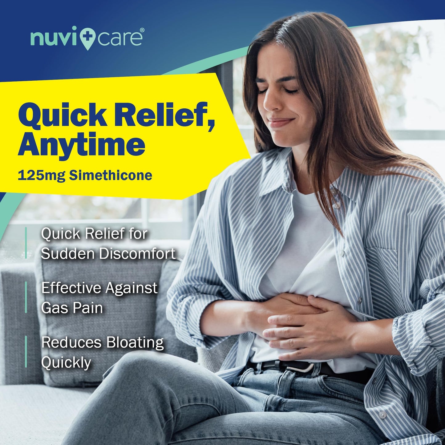 NUVICARE stomach gas relief softgels container showing active ingredient facts.