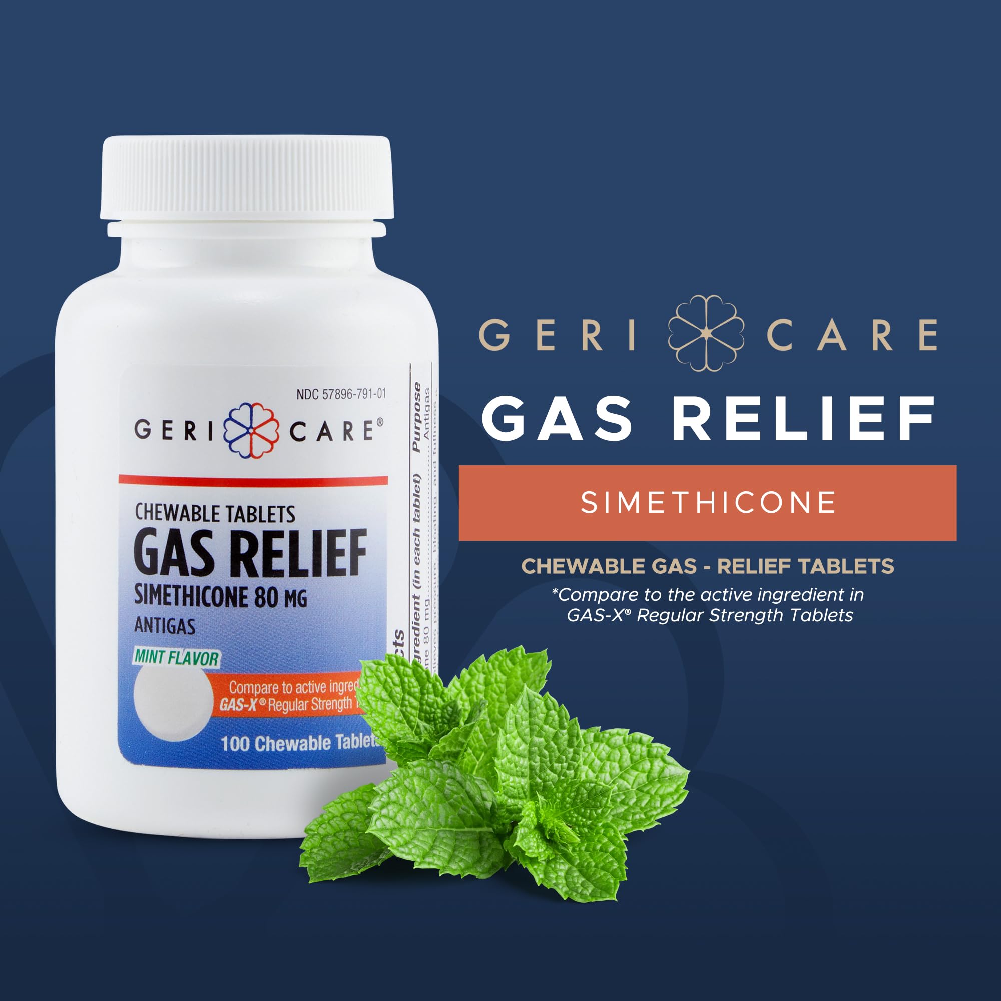 GeriCare mint flavored anti gas chewables 100 tablets packaging details
