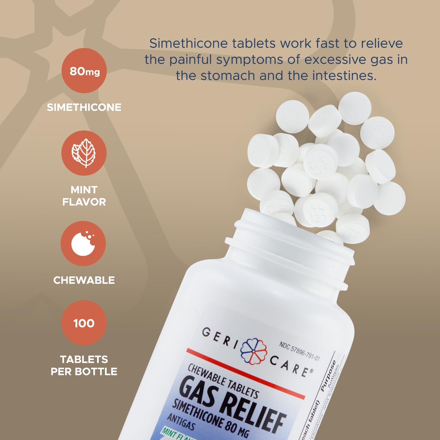 GeriCare simethicone 80mg generic gas relief supplement facts label