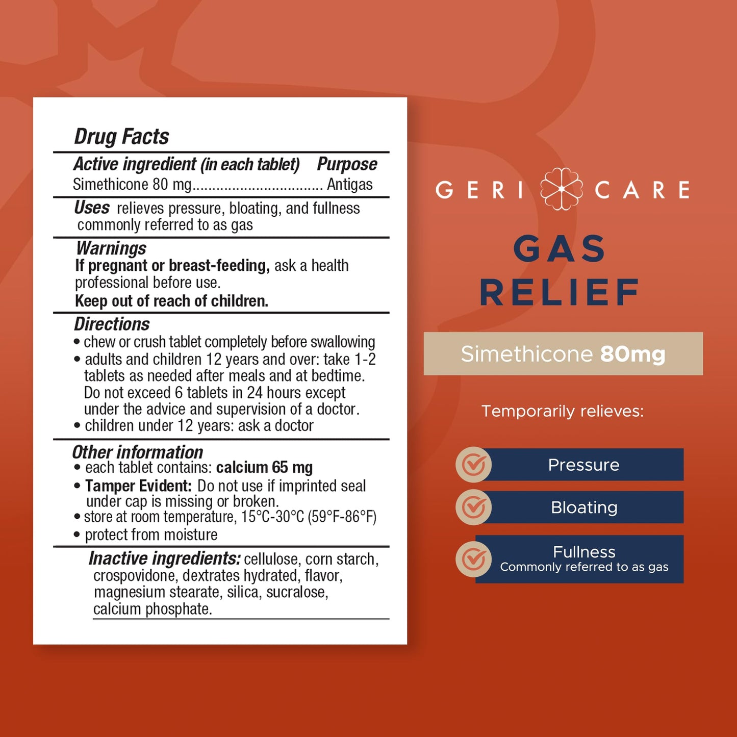 GeriCare simethicone eighty milligrams travel friendly bottle opening
