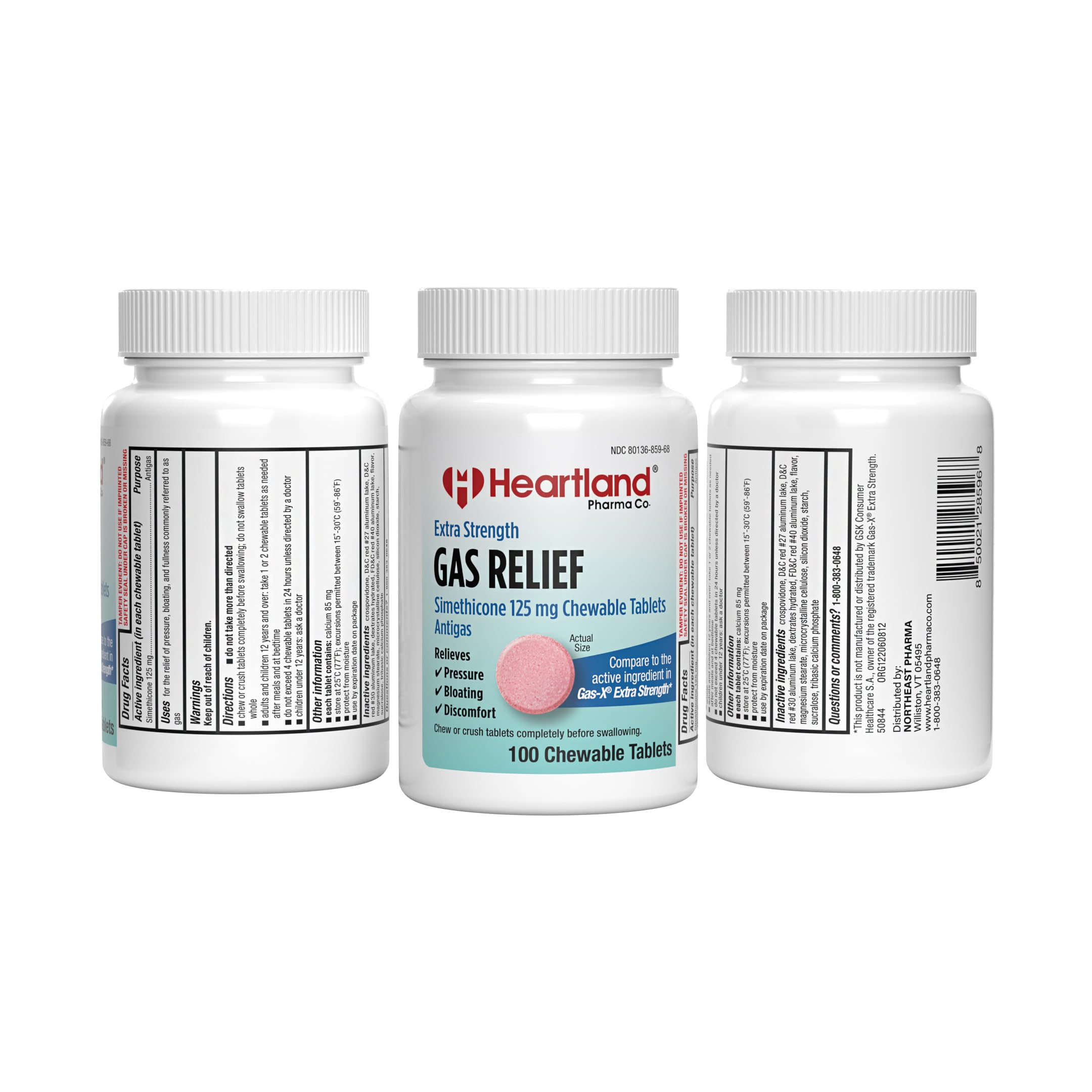 Heartland Pharma Extra Strength Gas Relief 100 count cherry flavored tablets supplement facts label.