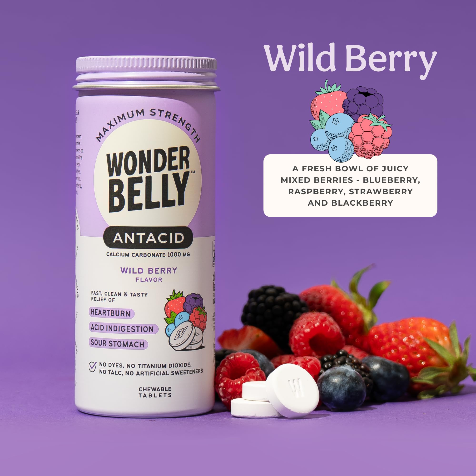 Wonderbelly extra strength chewable tablets clean ingredients label without talc or dye.