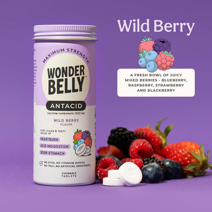 Wonderbelly extra strength chewable tablets clean ingredients label without talc or dye.