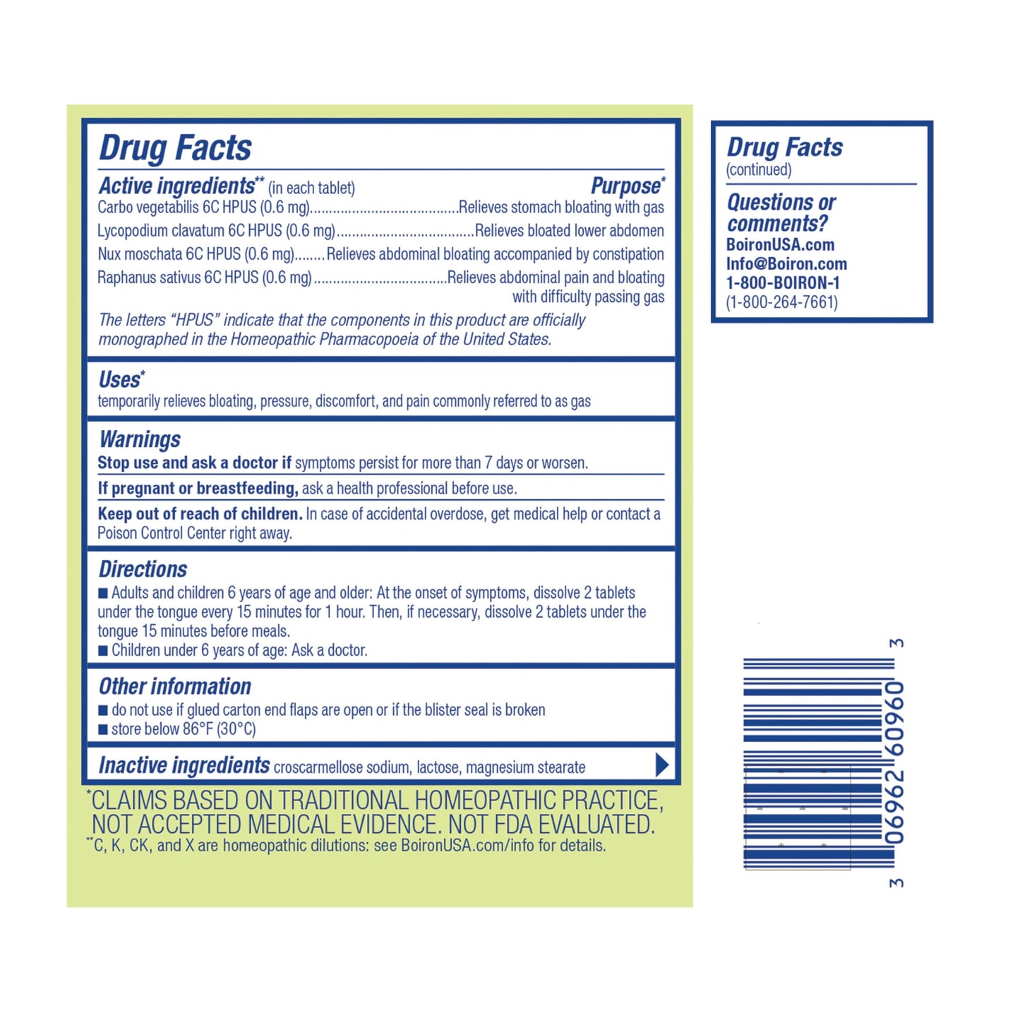 Boiron Gasalia meltaway tablets box side panel with ingredients and instructions