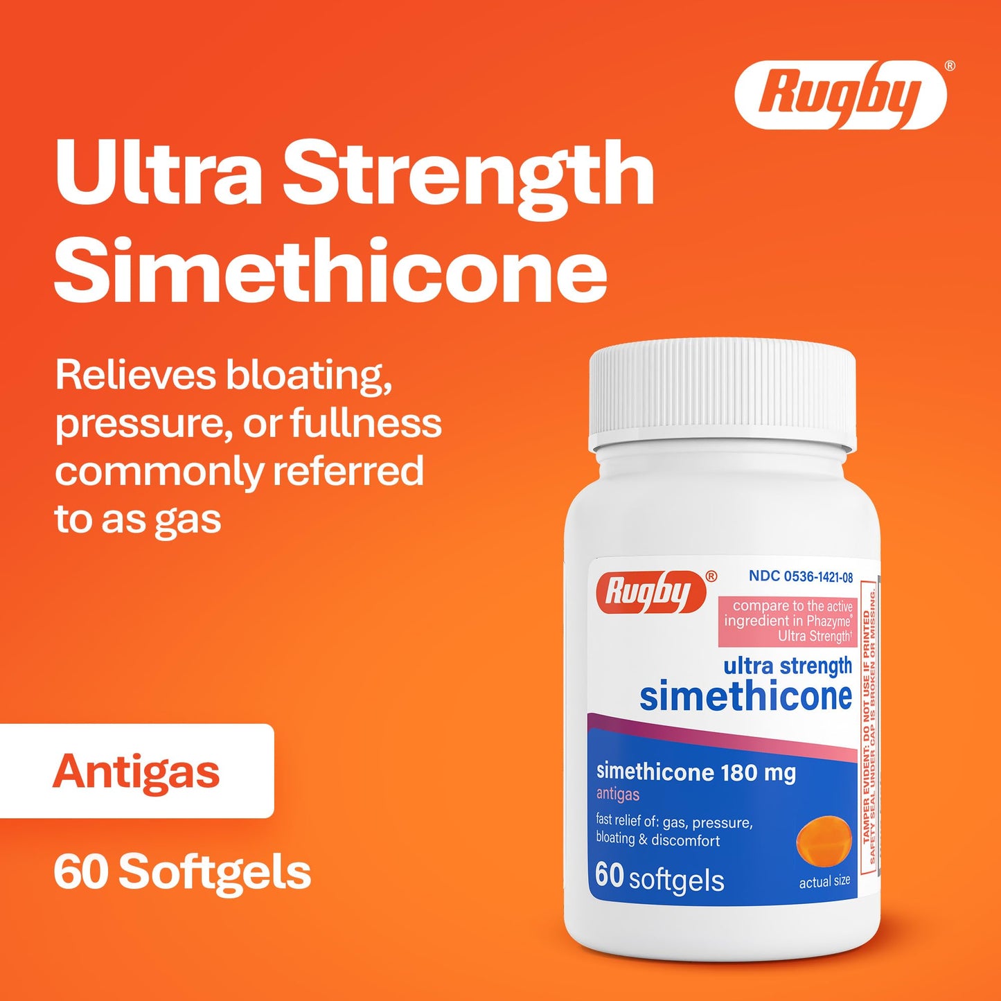 Rugby Ultra Strength Gas Relief softgels supplement facts label view