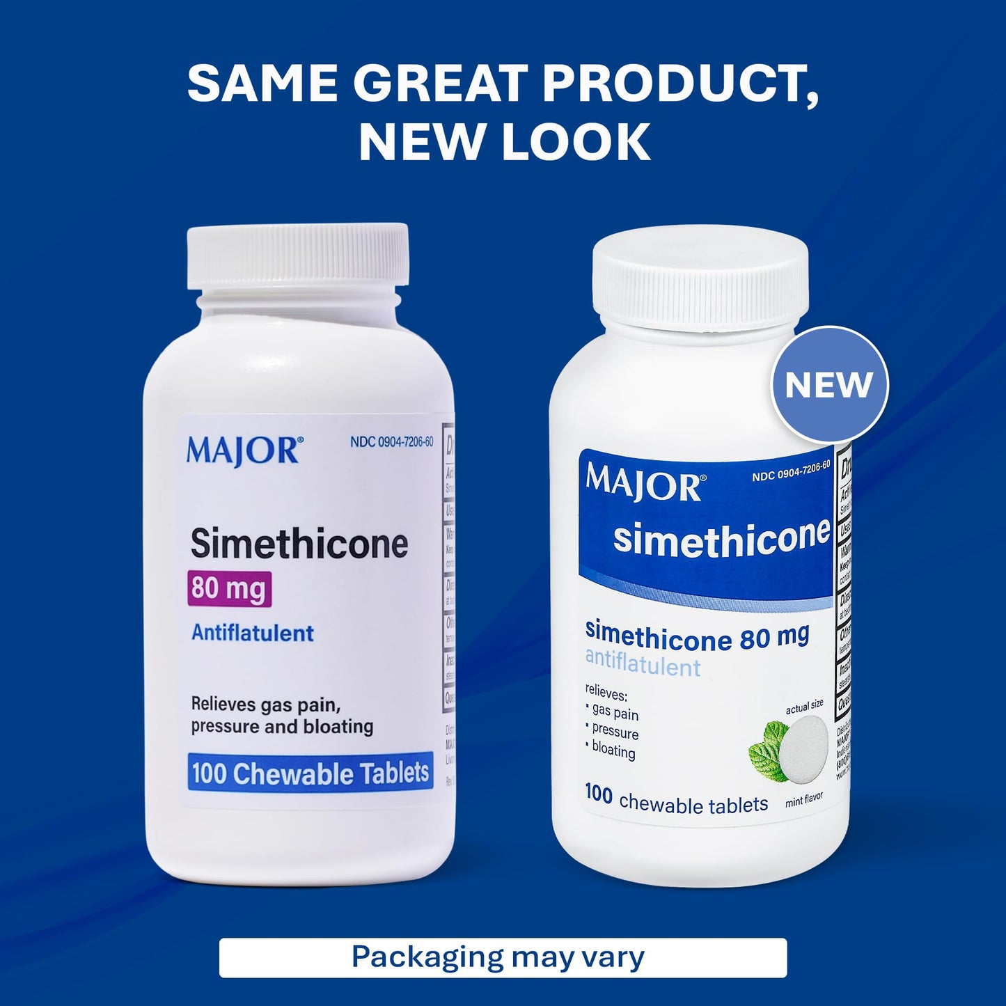 Supplement facts panel on the back of Major Simethicone 80 mg bottle.
