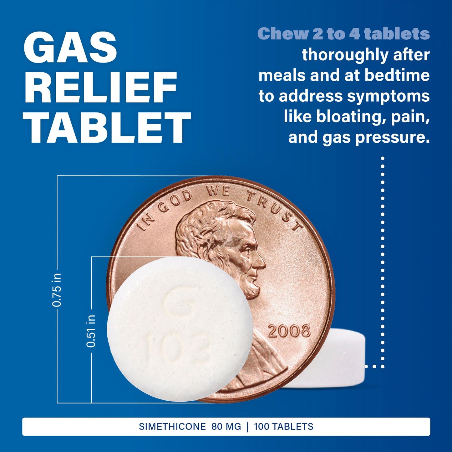 Gluten free USA imported gas relief tablets for treating trapped intestinal gas.