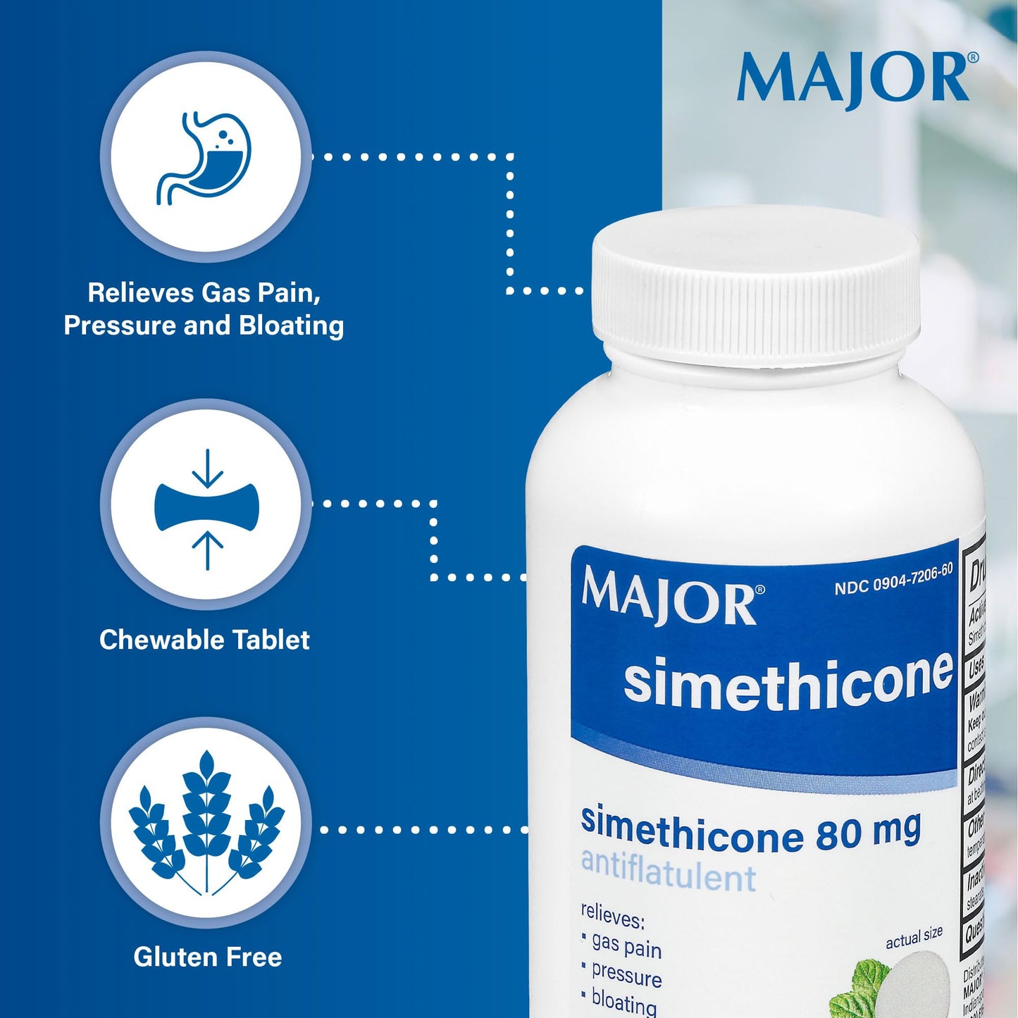 Close up of Major brand anti gas chewable tablets bottle highlighting active ingredients.