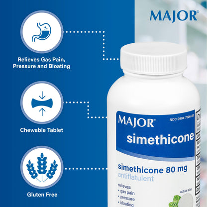 Close up of Major brand anti gas chewable tablets bottle highlighting active ingredients.