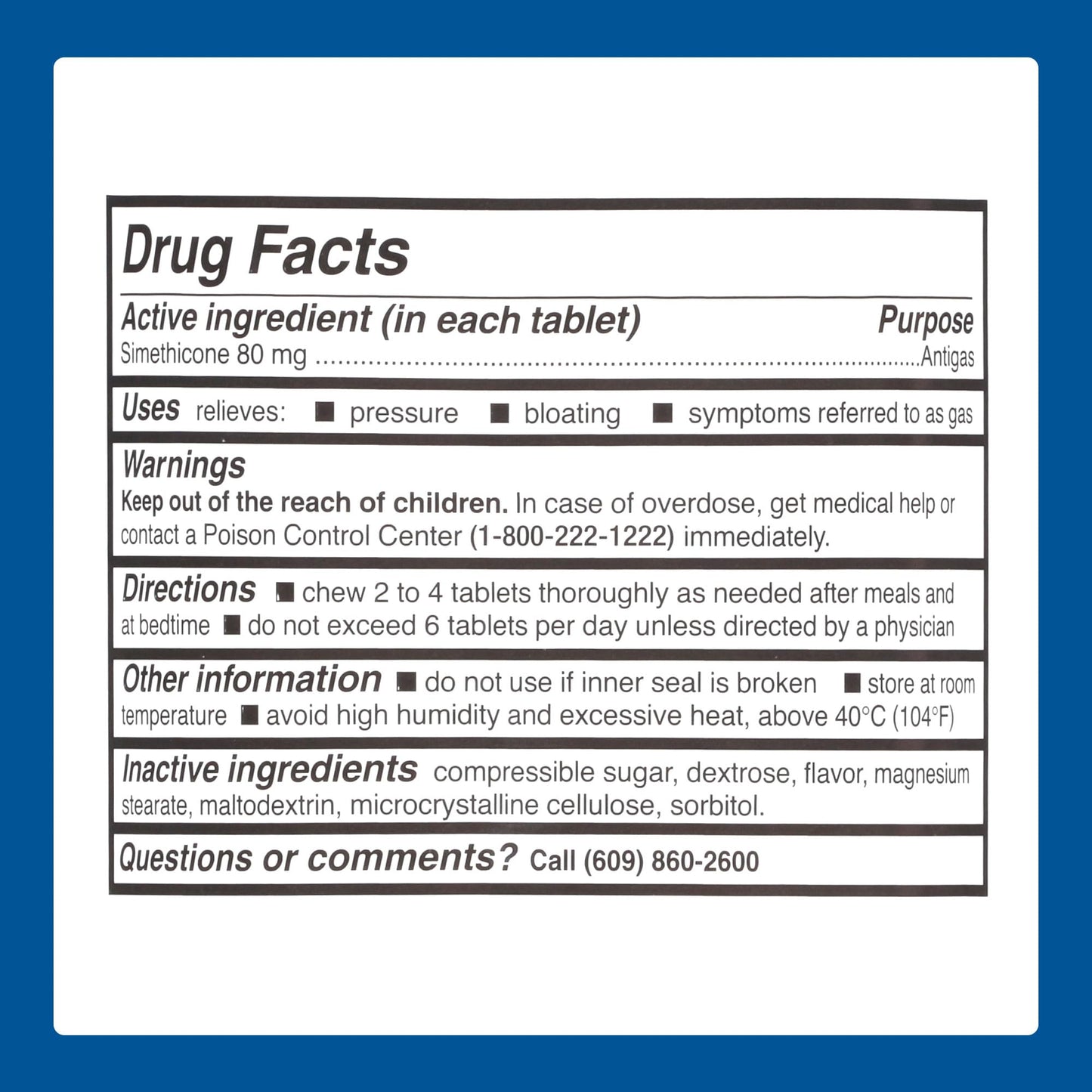 Side view of Major Simethicone 100 count bottle displaying complete usage instructions.