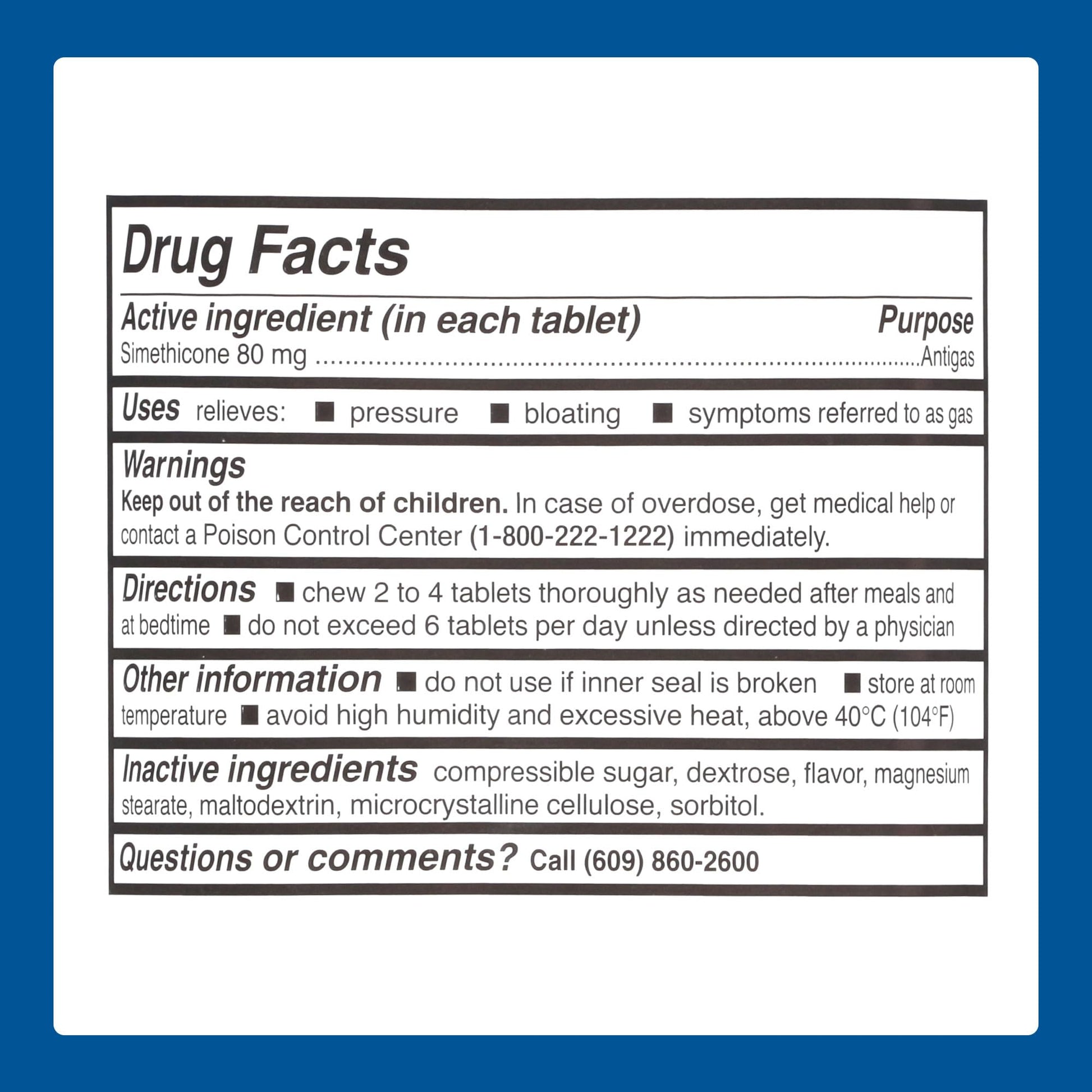 Side view of Major Simethicone 100 count bottle displaying complete usage instructions.