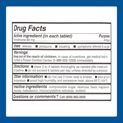 Side view of Major Simethicone 100 count bottle displaying complete usage instructions.