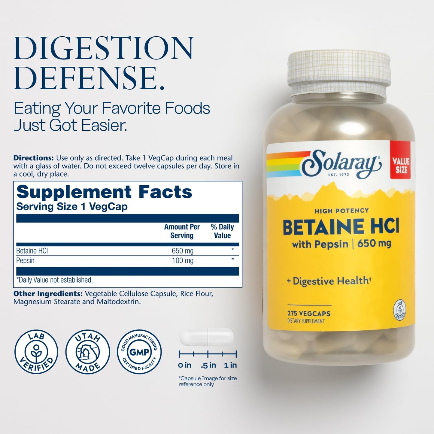 Solaray Betaine Hydrochloride 650 mg supplement label showing ingredients and dosage instructions