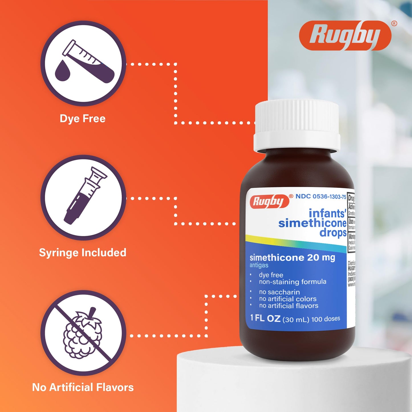 Clear non staining infant gas drops side panel showing dosage instructions