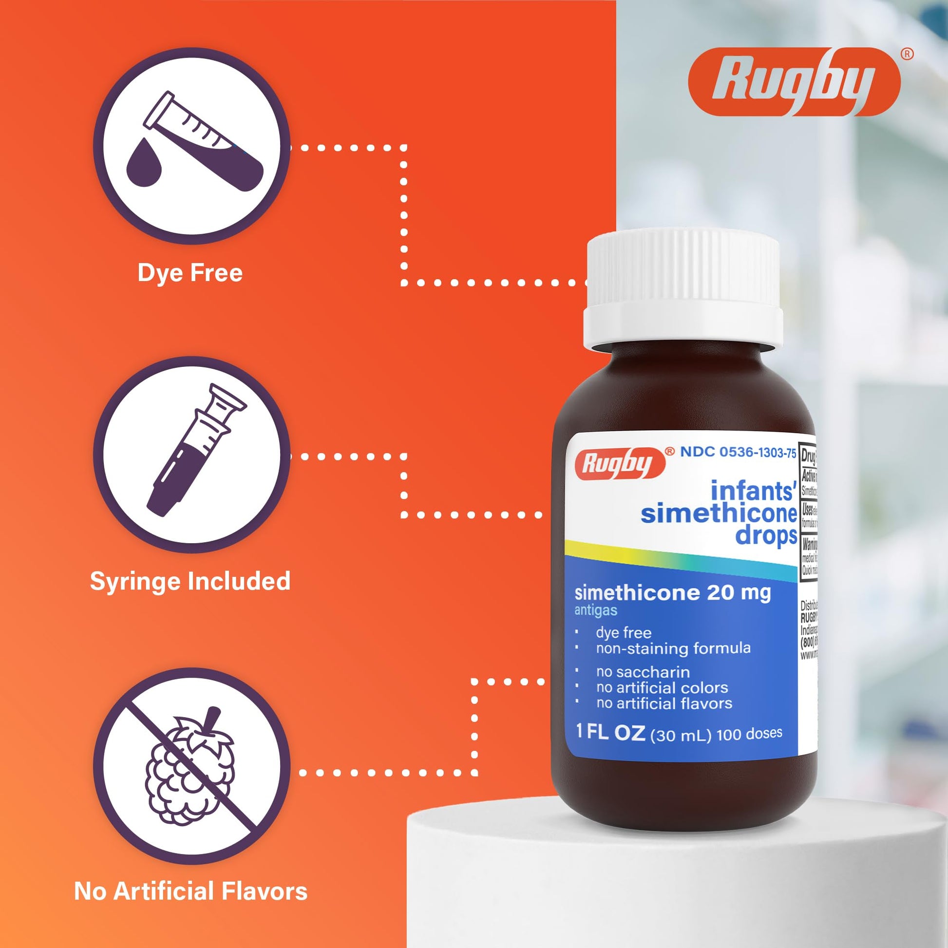 Clear non staining infant gas drops side panel showing dosage instructions