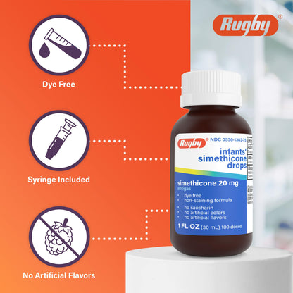 Clear non staining infant gas drops side panel showing dosage instructions