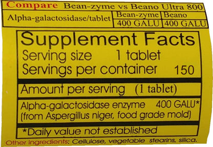 Side view of ValuePricedMeds Bean-Zyme packaging detailing the allergen-free and vegan certification text