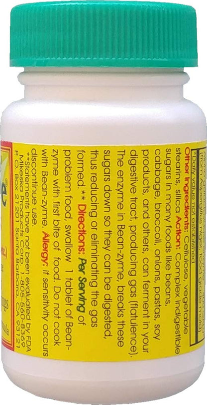 Supplement facts panel of authentic USA imported Bean-Zyme digestive enzyme tablets for gas prevention