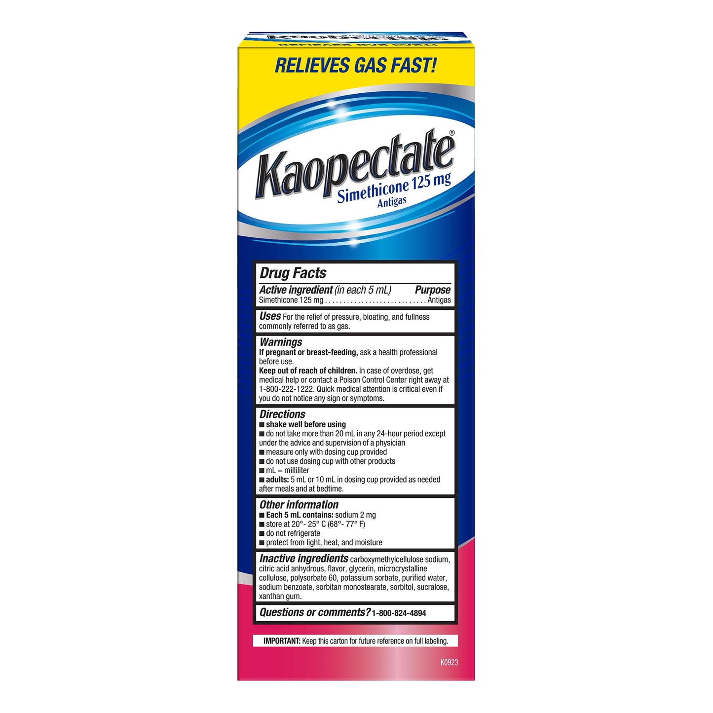 Kaopectate simethicone 125 mg liquid medicine bottle with dosage cup