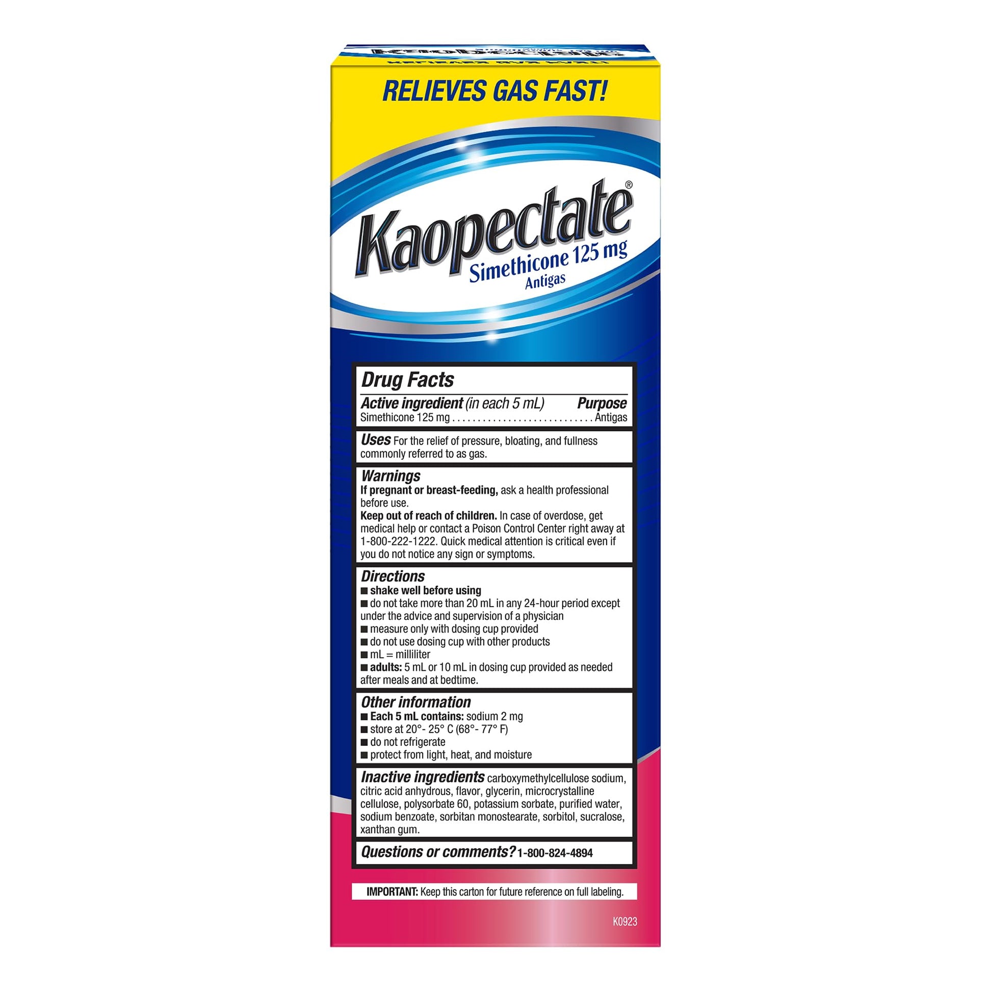 Kaopectate simethicone 125 mg liquid medicine bottle with dosage cup