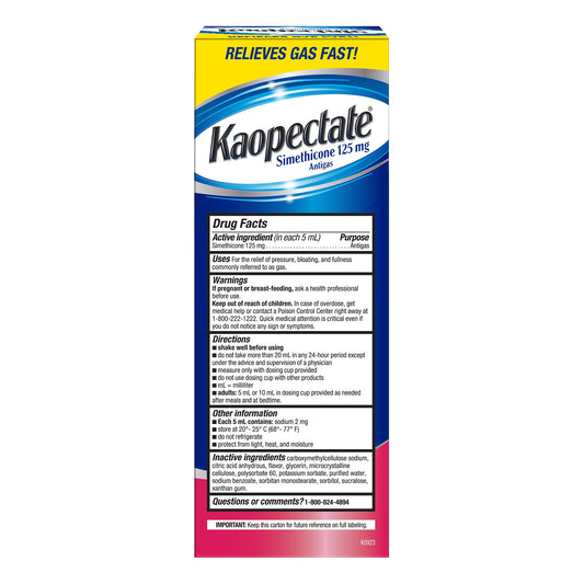 Kaopectate simethicone 125 mg liquid medicine bottle with dosage cup