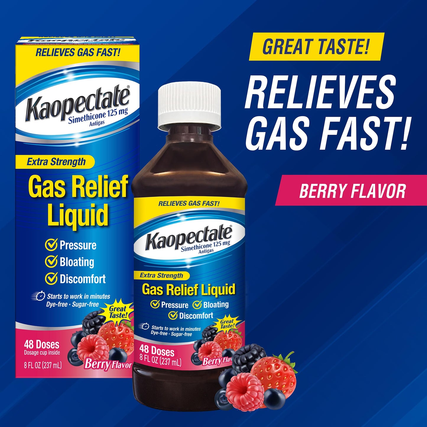 Kaopectate mixed berry flavor anti gas liquid supplement facts label