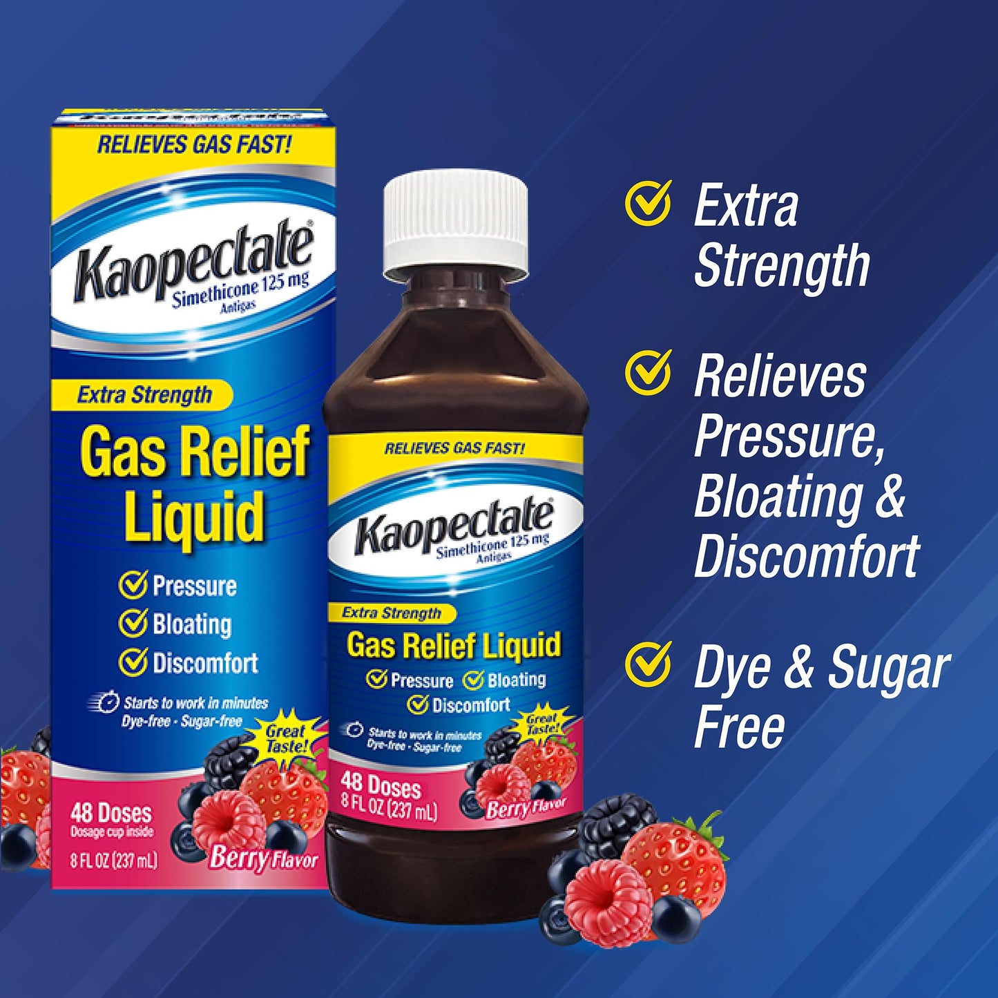 Dye free and sugar free extra strength bloating relief liquid bottle