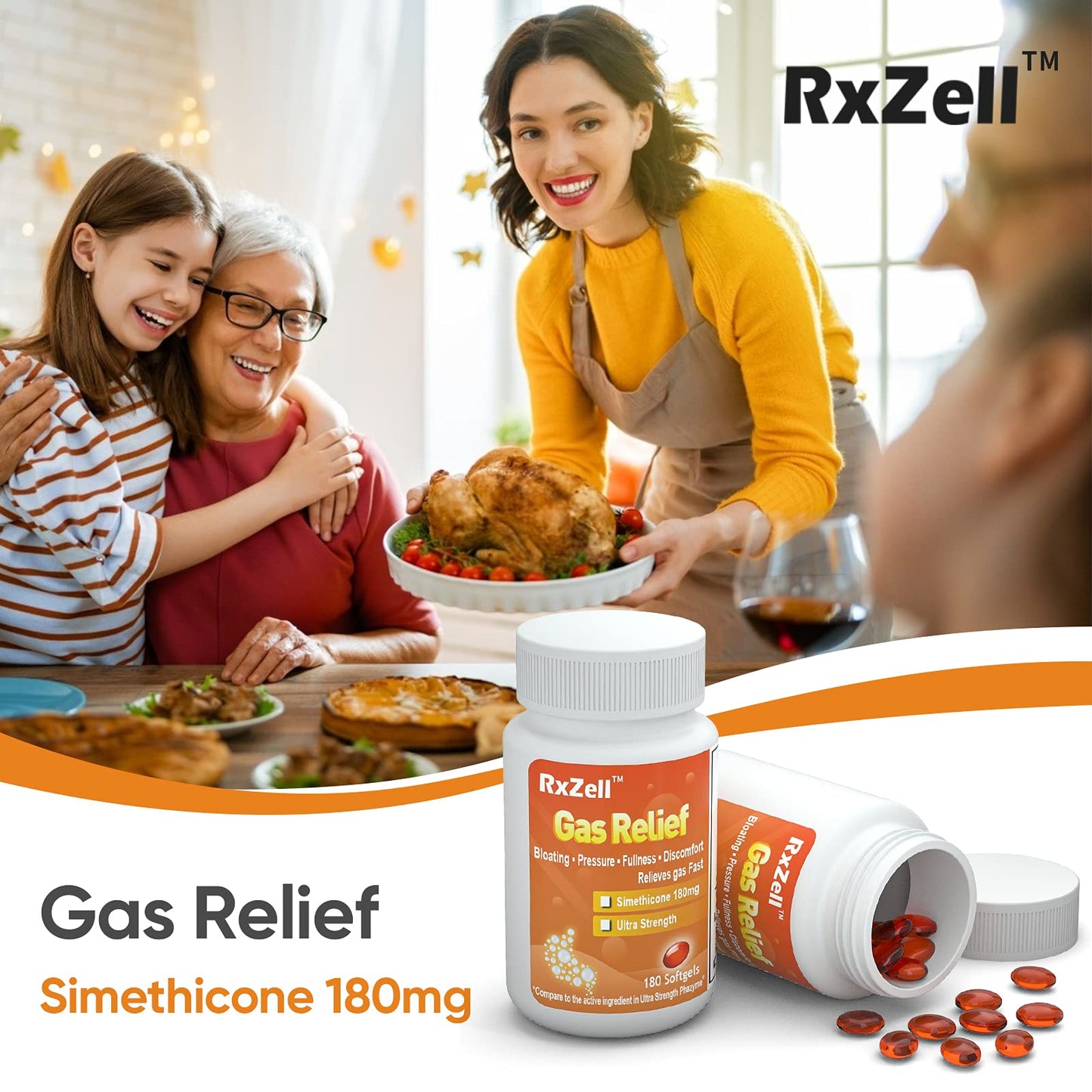 Side view of RXZELL simethicone 250mg supplement facts label showing safe adult dosage guidelines