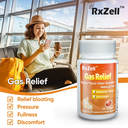 Easy to swallow RXZELL gas relief liquid capsules displayed next to the imported container