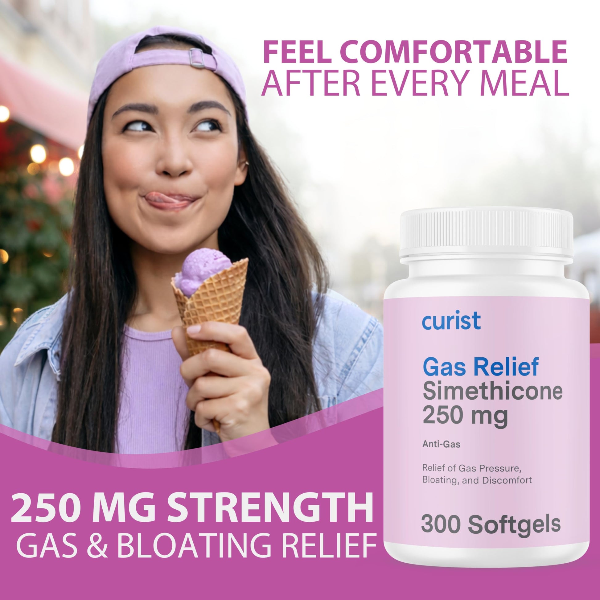 Curist maximum strength anti flatulence pills label view showing three hundred count size