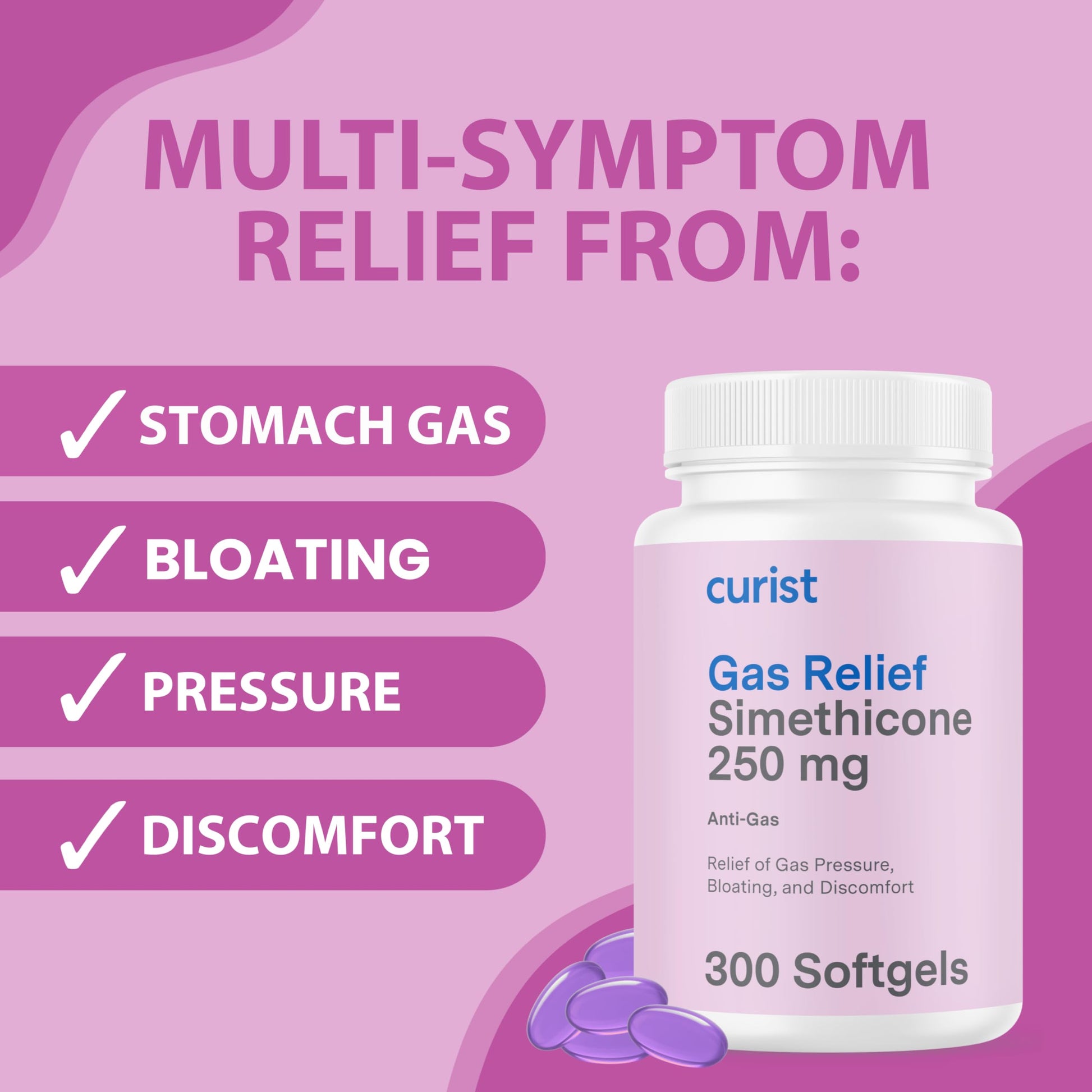 Curist digestive relief softgels packaging highlighting two hundred fifty milligrams dosage