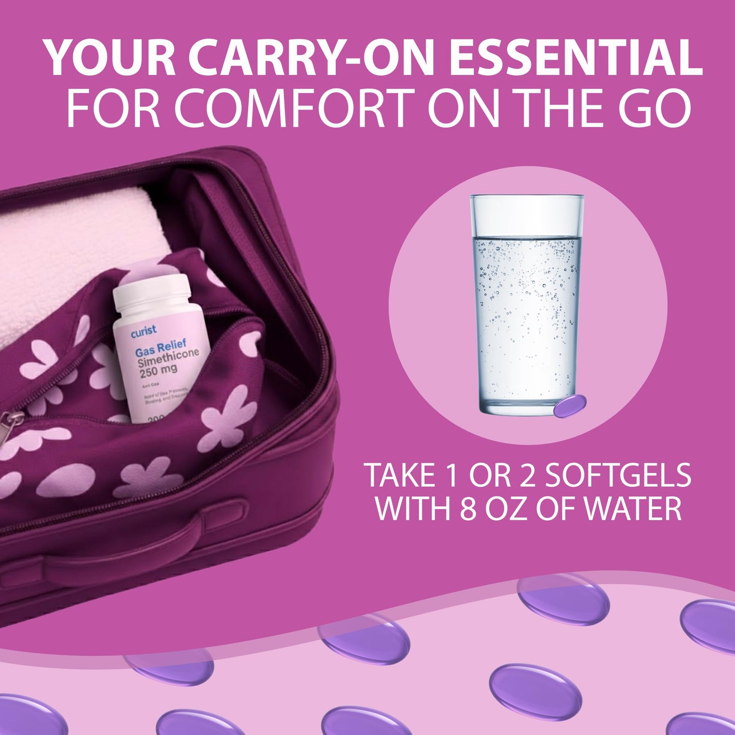 Curist liquid filled softgels bottle for clearing intestinal gas bubbles quickly