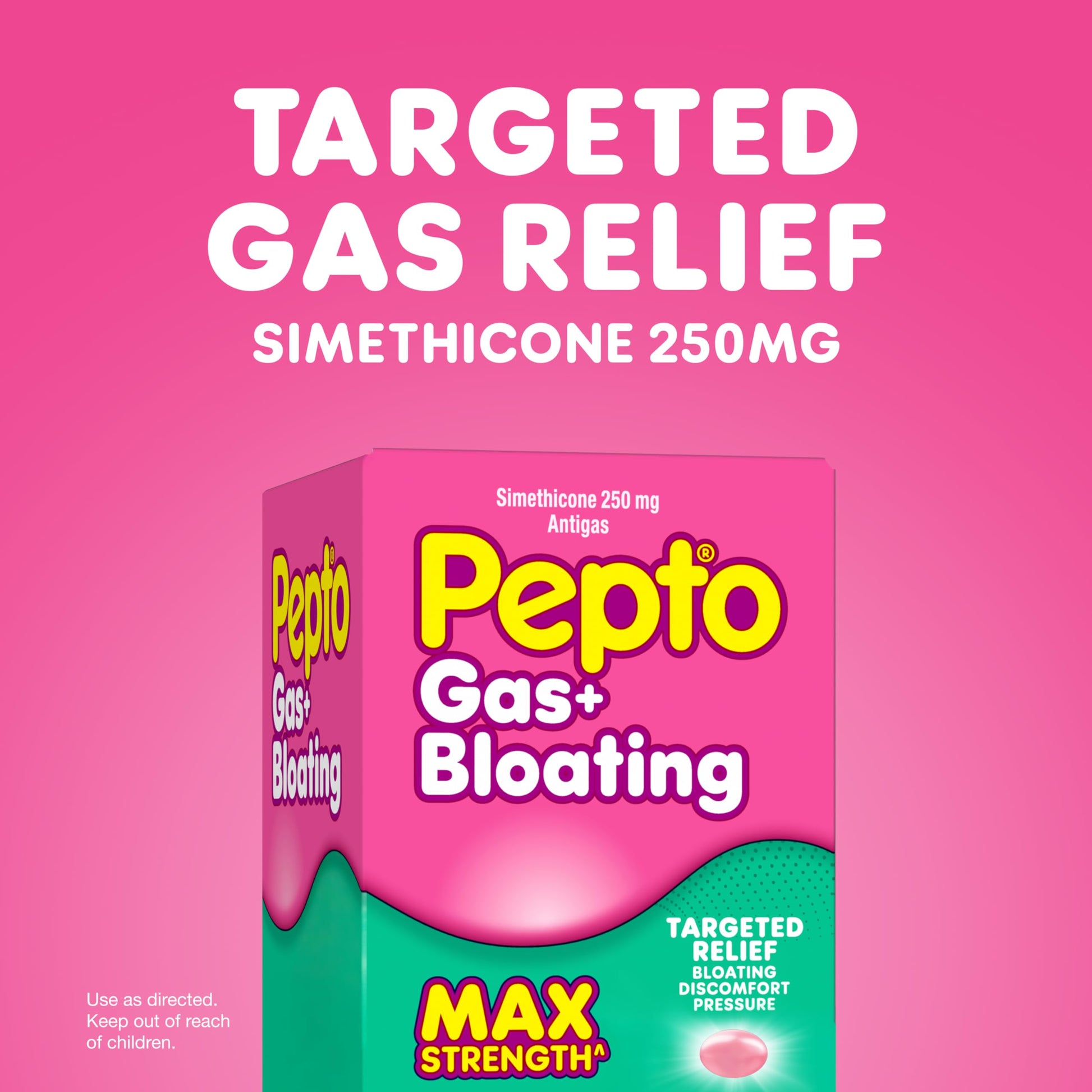Pepto maximum strength gas relief for adults liquid filled softgels bottle.